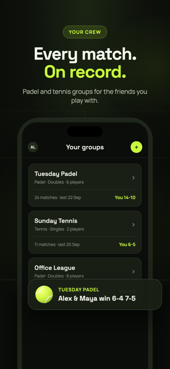 The Padel & Tennis Scorebook app showing a list of groups